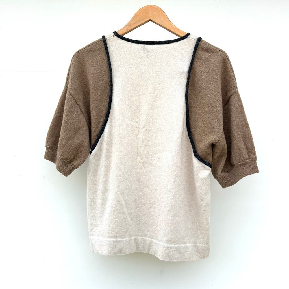 Brunello Cucinelli Cashmere Colorblock Short Sleeve Sweater Cream Jumper Medium - Picture 5 of 6